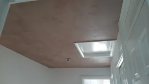 Skimmed ceiling with exposed wiring, white loft hatch, and white doorways.