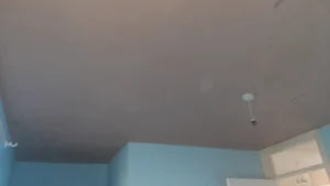 Skimmed ceiling in a room with white walls and a hanging bulb holder.